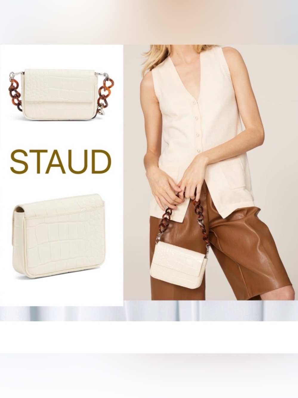 STAUD Off-White Croc Mini Tommy Chain Bag with cross body strap